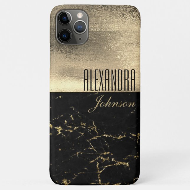 Capa Para iPhone 11 Pro Max Mármore Dourado Preto Luxo Nome (Verso)