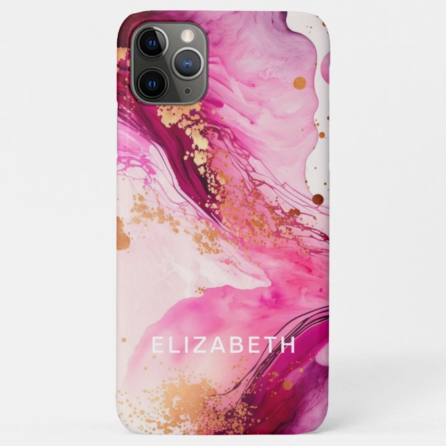 Capa Para iPhone 11 Pro Max mármore dourado rosa brilho nome personalizado (Verso)