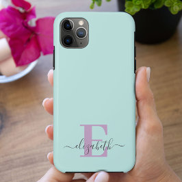 Capa Para iPhone 11 Pro Max Mint e Lilac do Monograma de Script Elegante