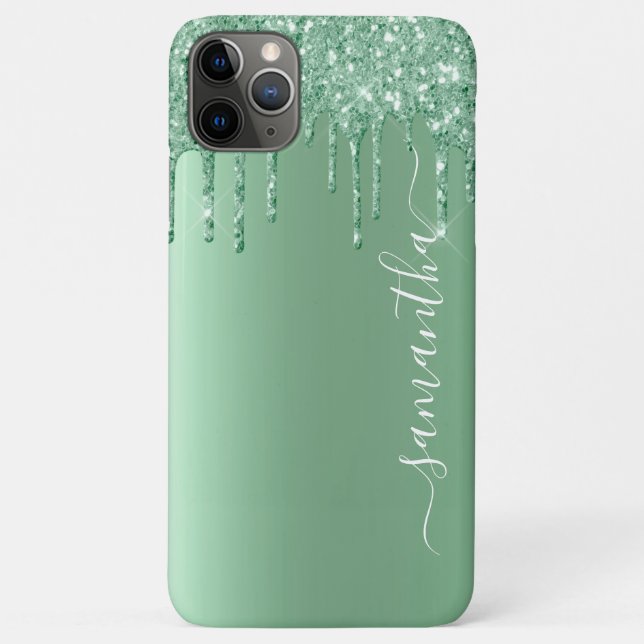 Capa Para iPhone 11 Pro Max Mint Green Metal Look Nome Manuscrito (Verso)