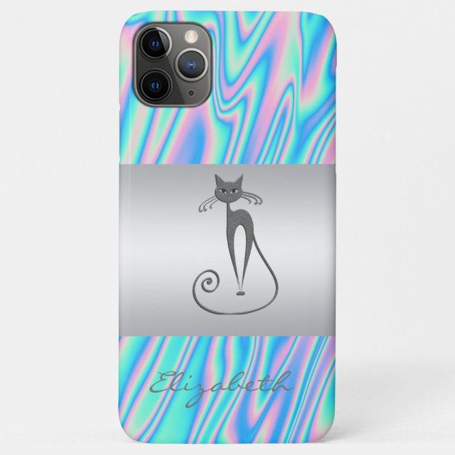 Capa Para iPhone 11 Pro Max Moderno Elegante Feminino, Gato Holográfico (Verso)
