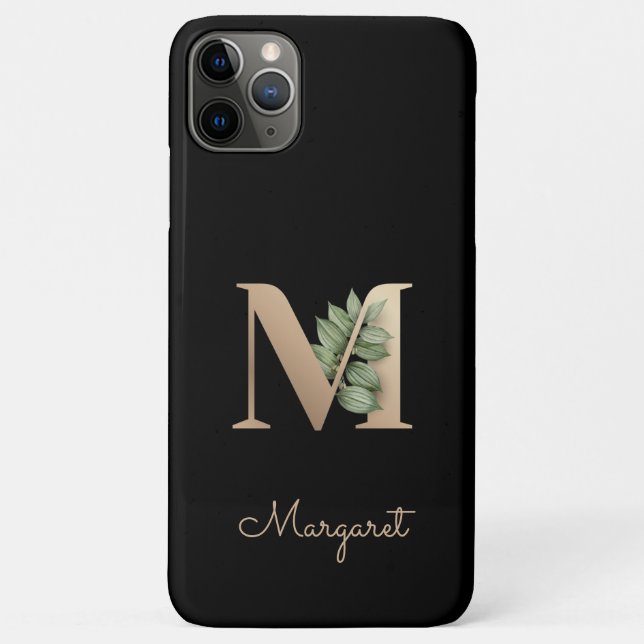 Capa Para iPhone 11 Pro Max Monograma Botânico Elegante - Letra Dourada M (Verso)