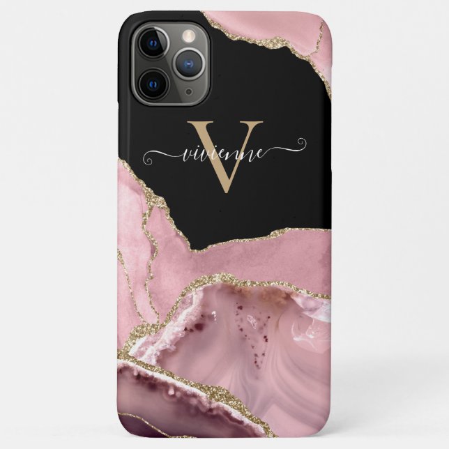 Capa Para iPhone 11 Pro Max Monograma Brilhante de Ágata em Rose Gold (Verso)