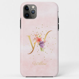 Capa Para iPhone 11 Pro Max Monograma de Nome Floral em Aquarela Inicial W Let