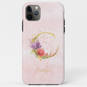 Capa Para iPhone 11 Pro Max Monograma de Nome Floral em Aquarela Letra Inicial