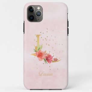 Capa Para iPhone 11 Pro Max Monograma de Nome Floral em Aquarela Letra Inicial