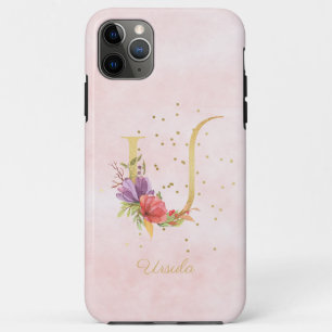 Capa Para iPhone 11 Pro Max Monograma de Nome Floral em Aquarela Letra Inicial