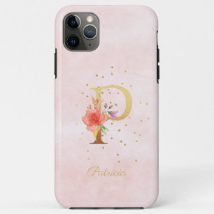 Capa Para iPhone 11 Pro Max Monograma de Nome Floral em Aquarela Letra Inicial