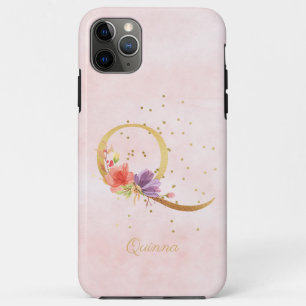 Capa Para iPhone 11 Pro Max Monograma de Nome Floral em Aquarela Letra Inicial