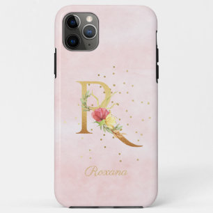 Capa Para iPhone 11 Pro Max Monograma de Nome Floral em Aquarela Letra Inicial