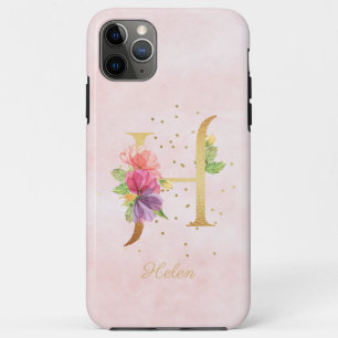 Capa Para iPhone 11 Pro Max Monograma de Nome Floral em Aquarela Letra Inicial