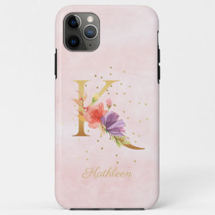 Capa Para iPhone 11 Pro Max Monograma de Nome Floral em Aquarela Letra Inicial