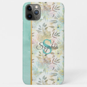 Capa Para iPhone 11 Pro Max Monograma Elegante Mint Green Watercolor Floral