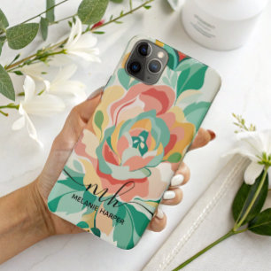 Capa Para iPhone 11 Pro Max Monograma floral de cor verde-clara moderna