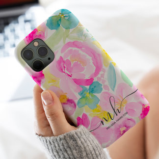 Capa Para iPhone 11 Pro Max Monograma floral de cor verde-rosa moderno