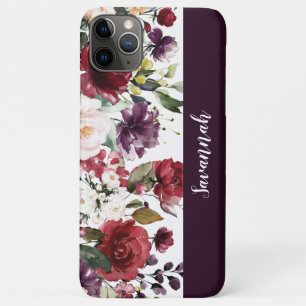 Capa Para iPhone 11 Pro Max Monograma Floral de Cor Vermelha Roxa