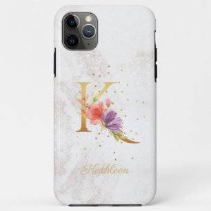 Capa Para iPhone 11 Pro Max Monograma Floral de Nome Inicial Letra K Personali