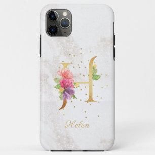 Capa Para iPhone 11 Pro Max Monograma Floral Nome Inicial H Letra Personalizar