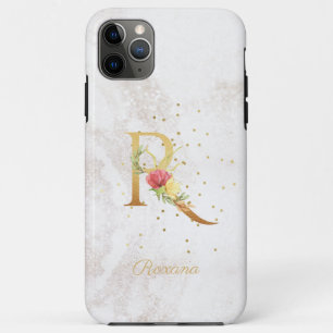 Capa Para iPhone 11 Pro Max Monograma Floral Nome Inicial Letra R Personalizar