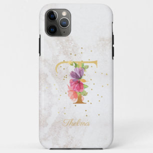 Capa Para iPhone 11 Pro Max Monograma Floral Nome Inicial Letra T Personalizad