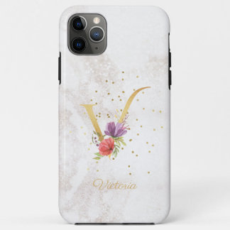 Capa Para iPhone 11 Pro Max Monograma Floral Nome Inicial Letra V Personalizad