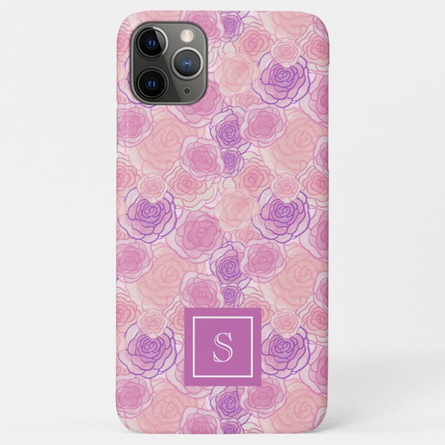 Capa Para iPhone 11 Pro Max Monograma Floral Rosa Retro Rosa Girassol (Verso)