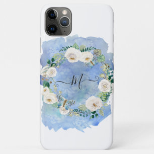 Capa Para iPhone 11 Pro Max Monograma Floral Watercolor Wash Blue White Script