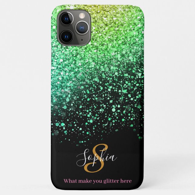 Capa Para iPhone 11 Pro Max Monograma Personalizado de Na moda Verde com Glitt (Verso)