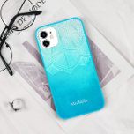 Capa Para iPhone 11 Pro Max Monograma Personalizado do Turquesa Ombre Mandala<br><div class="desc">Pasta de cor aquática turquesa com mandala transparente e um roteiro decorativo para o seu monograma personalizado.</div>