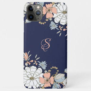 Capa Para iPhone 11 Pro Max Monograma Personalizado Floral Azul Cor-de-rosa-cl