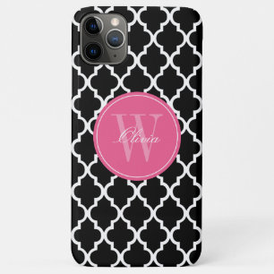 Capa Para iPhone 11 Pro Max Monograma preto e fúcsia de Quatrefoil