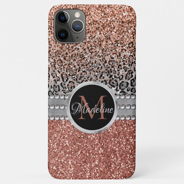 Capa Para iPhone 11 Pro Max Na moda Girly Rosa Dourado Glitter Leopard Monogra (Verso)