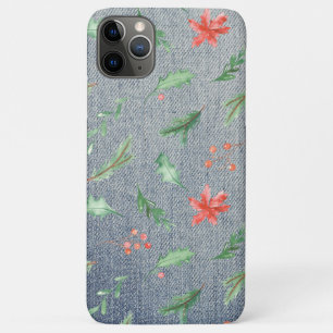 Capa Para iPhone 11 Pro Max *~* Natal em Demin Holly Poinsettias