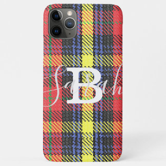 Capa Para iPhone 11 Pro Max Nome do Monograma Verificado de Tartan Amarelo e V