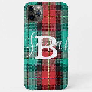 Capa Para iPhone 11 Pro Max Nome do Monograma Verificado do Tartan Verde e Ver