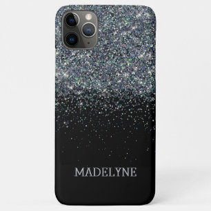 Capa Para iPhone 11 Pro Max Nome Personalizado da Rapariga Preta Glitter Spark