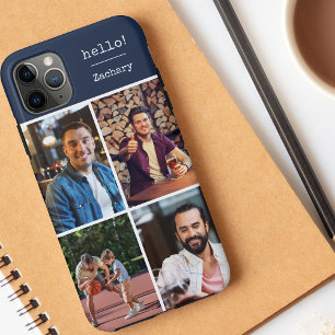 Capa Para iPhone 11 Pro Max Olá! 4 Colagem de Fotos Personalizadas Azul Escuro