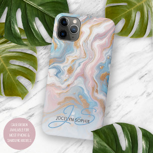 Capa Para iPhone 11 Pro Max Padrão Artístico de Mármore Rosa Bege Azul Dourado