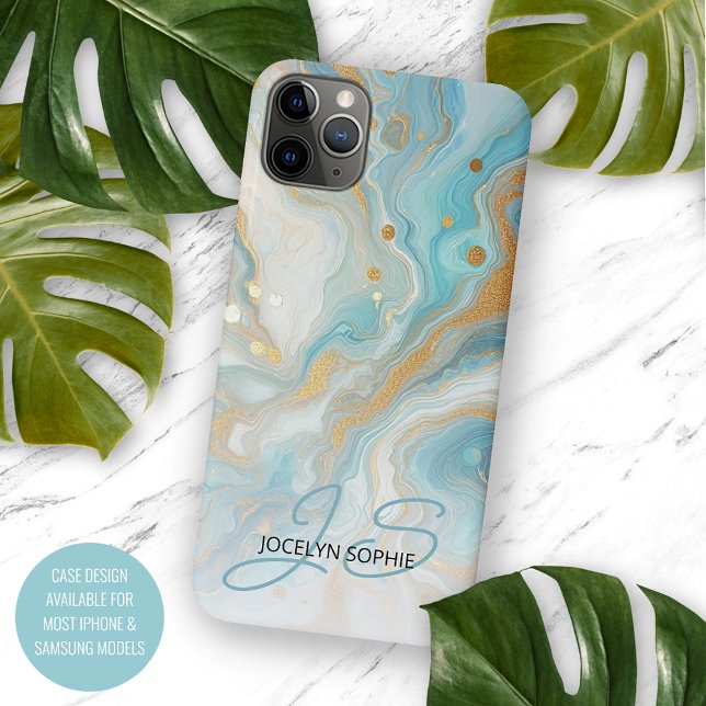 Capa Para iPhone 11 Pro Max Padrão de Arte em Mármore Azul Água Turquesa Doura (Criador carregado)