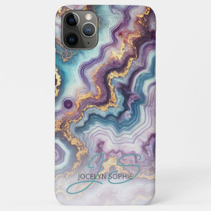 Capa Para iPhone 11 Pro Max Padrão de Arte em Mármore Azul Teal Roxo Escuro Do