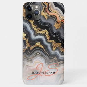 Capa Para iPhone 11 Pro Max Padrão de Arte em Mármore Rosa Coral Preto Branco 