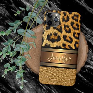 Capa Para iPhone 11 Pro Max Padrão de couro Dourado da pele do leopardo de Fau