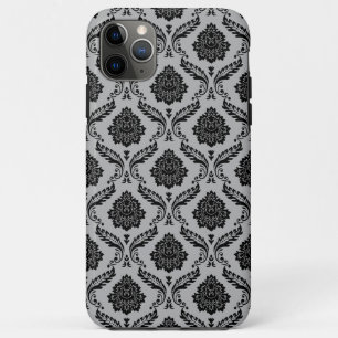 Capa Para iPhone 11 Pro Max Padrão de Damasco Rococó Preto no Cinza