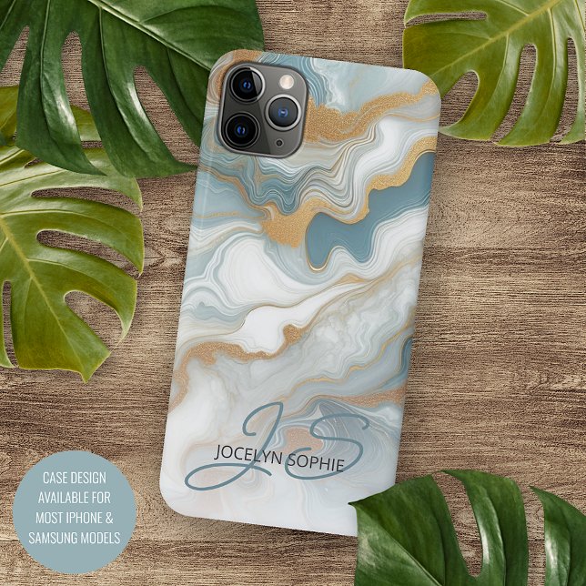 Capa Para iPhone 11 Pro Max Padrão de mármore branco dourado azul-teal persona (Criador carregado)