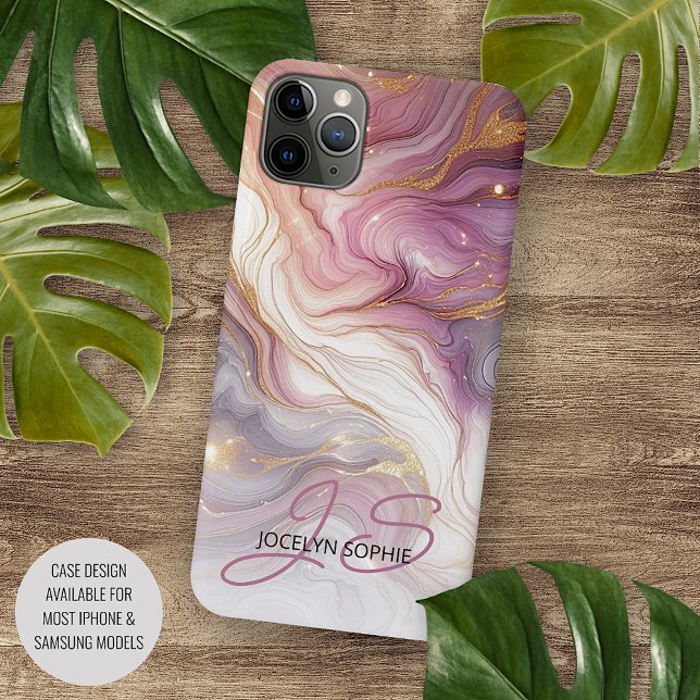 Capa Para iPhone 11 Pro Max Padrão de Mármore Rosa Roxo Personalizado Dourado (Criador carregado)