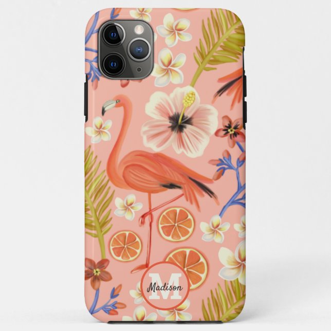 Capa Para iPhone 11 Pro Max Padrão Flamingo Tropical Rosa Monograma (Verso)
