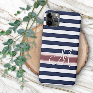 Capa Para iPhone 11 Pro Max Padrão Listrado Azul Branco Clássico Simples Perso