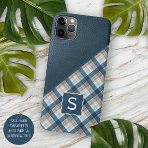 Capa Para iPhone 11 Pro Max Padrão Xadrez Gingham Azul Escuro Marrom Personali