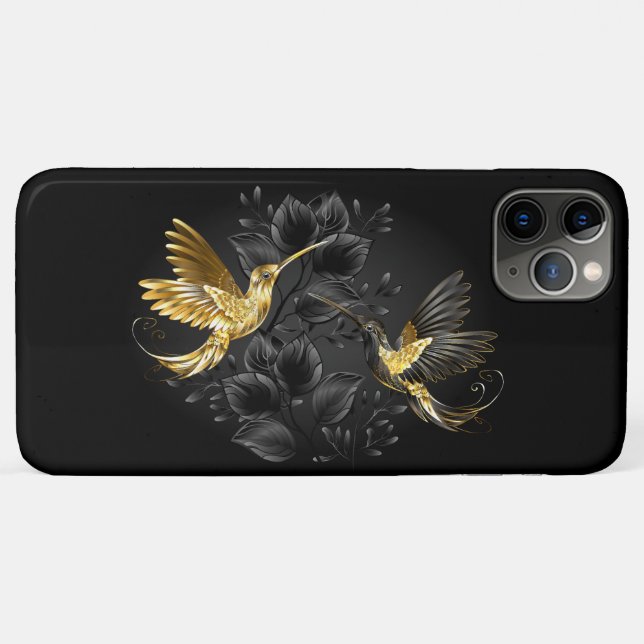 Capa Para iPhone 11 Pro Max Pássaro Humino Negro e Dourado (Verso (horizontal))