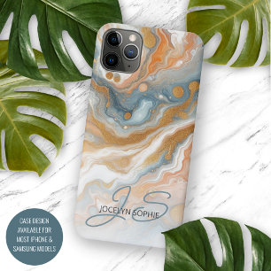 Capa Para iPhone 11 Pro Max Peach Orange Teal Blue Marble Art Patterno
